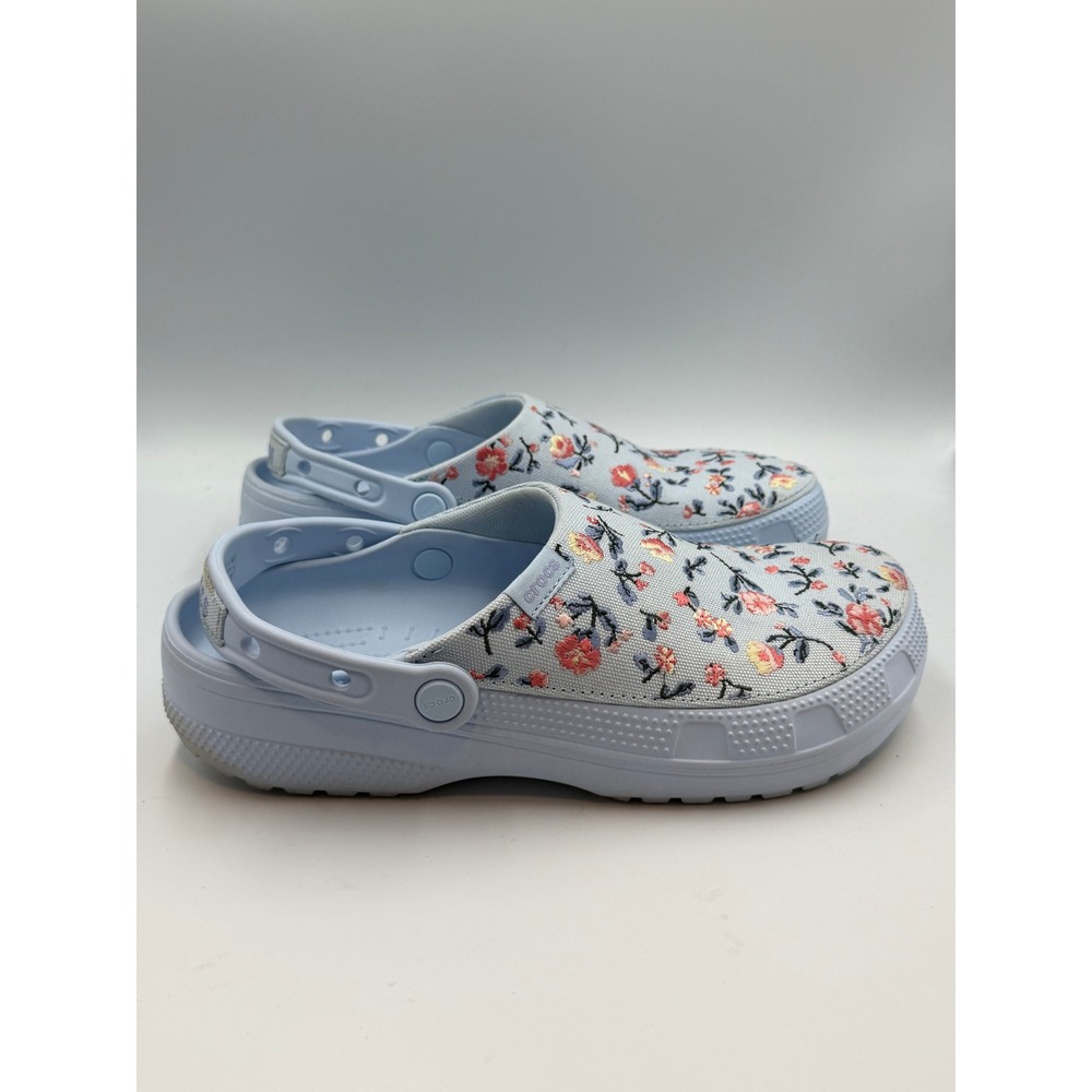 Crocs Classic Clog Light Blue Floral Embroidery Women's 12 Men's 10 Slip On - Picture 3 of 5